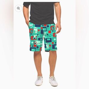 LOUDMOUTH MENS 8 TRACK HERITAGE TEAL RED GEOMETRIC PRINT GOLF SHORTS NEW SIZE 32
